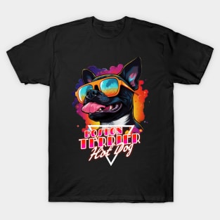 Retro Wave Boston Terrier Hot Dog Shirt T-Shirt